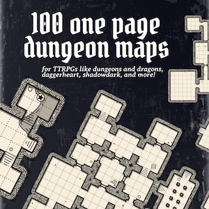 May include: A dark blue graphic with the text "100 one page dungeon maps" in white, along with smaller text below. The image features several detailed, beige-colored dungeon maps, perfect for tabletop role-playing games.