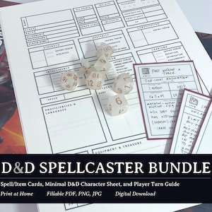May include: A printable Dungeons and Dragons (D&D) spellcaster bundle featuring spell and item cards, a minimal character sheet, and a player turn guide. The bundle is available as a digital download in PDF, PNG, and JPG formats.