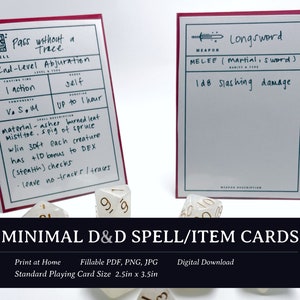 Cartas de feitiço e cartas de item mínimas de D&D | presentes dnd, cartões de feitiço dnd, masmorras e dragões, lançamento de feitiços, tela dm ficha de personagem dnd