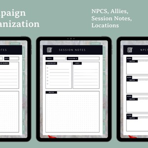 Puede incluir: Tres maquetas de pantalla de tableta digital con un fondo de m&aacute;rmol gris y blanco. Las pantallas muestran un planificador de organizaci&oacute;n de campa&ntilde;a imprimible con secciones para notas de campa&ntilde;a, notas de sesi&oacute;n y PNJ y aliados.