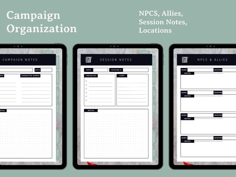 Puede incluir: Tres maquetas de pantalla de tableta digital con un fondo de m&aacute;rmol gris y blanco. Las pantallas muestran un planificador de organizaci&oacute;n de campa&ntilde;a imprimible con secciones para notas de campa&ntilde;a, notas de sesi&oacute;n y PNJ y aliados.