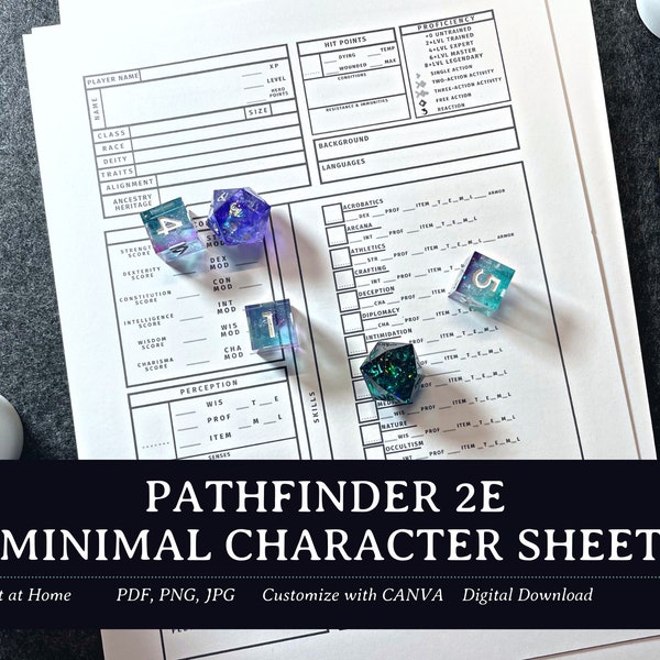 Feuille de personnage minimale Pathfinder 2e | ttrpg, feuille de personnage, accessoires rpg, cadeau dm, commission de personnage