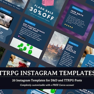 Puede incluir: Una colección de 20 plantillas de Instagram personalizables para juegos de rol de mesa (TTRPG), específicamente diseñadas para publicaciones de Dungeons & Dragons (D&D) y otras publicaciones de TTRPG. Las plantillas presentan un esquema de color azul y negro con varias imágenes relacionadas con D&D, como dados, monstruos y paisajes de fantasía. El texto "TTRPG INSTAGRAM TEMPLATES" se muestra en una fuente grande y en negrita en la parte superior de la imagen.