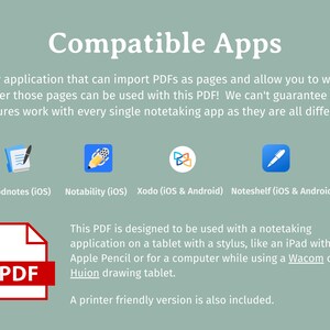 Puede incluir: Un gr&aacute;fico que muestra aplicaciones compatibles con un documento PDF. Las aplicaciones que se enumeran son Goodnotes, Notability, Xodo y Noteshelf. El gr&aacute;fico tambi&eacute;n incluye una nota que indica que el PDF est&aacute; dise&ntilde;ado para ser utilizado con una aplicaci&oacute;n de toma de notas en una tableta con un l&aacute;piz, como un iPad con un Apple Pencil o para una computadora mientras se utiliza una tableta Wacom o Huion.