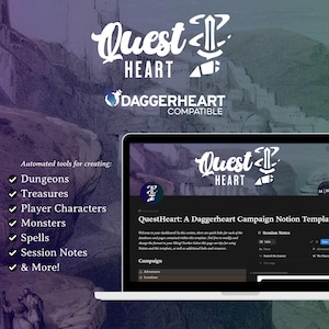 Könnte beinhalten: Ein Laptop zeigt eine Notion-Vorlage für eine Daggerheart-Kampagne mit dem Titel "QuestHeart". Das Bild zeigt das Logo "Quest Heart" und den Text "Daggerheart Compatible". Die Vorlage bietet Tools zum Erstellen von Dungeons, Schätzen, Spielercharakteren, Monstern, Zaubersprüchen und Sitzungsnotizen.