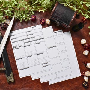 May include: White character sheets for a tabletop role-playing game, with a sword, dice, and a small treasure chest. The sheets have boxes for stats and notes. The dice are various colors, including red, gold, and white.