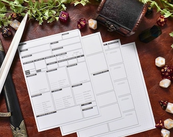 Könnte beinhalten: Weiße Charakterbögen für ein Tabletop-Rollenspiel, mit einem Schwert, Würfeln und einer kleinen Schatztruhe. Die Bögen haben Kästchen für Statistiken und Notizen. Die Würfel sind in verschiedenen Farben, darunter Rot, Gold und Weiß.