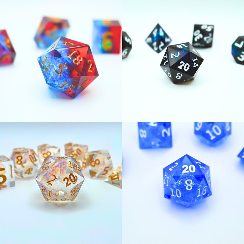 May include: A set of iridescent dice with gold numbers. The dice are in various colors, including blue, red, and clear. The dice are on a white background.