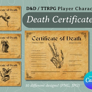 DnD Character Death Certificates, TTRPG, Dungeons and Dragons, Dungeon Master Tools