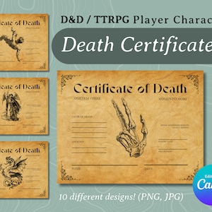 DnD Character Death Certificates, TTRPG, Dungeons and Dragons, Dungeon Master Tools