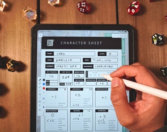 May include: A digital character sheet for a tabletop role-playing game, filled out with a character named Lark, a Tiefling Warlock with the Charlatan background. The sheet includes stats, abilities, and other information about the character. The sheet is displayed on a tablet with a stylus resting on the screen.