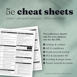 May include: Two white paper reference sheets for tabletop roleplaying games, titled 5e cheat sheets, player + dm quick reference, 2024 rules (5.5e). The sheets contain black text detailing actions, combat, conditions, death saves, and resting rules.