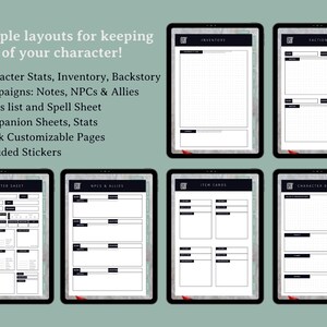 Puede incluir: P&aacute;ginas de planificador digital imprimibles para realizar un seguimiento de la informaci&oacute;n del personaje para juegos de rol. Las p&aacute;ginas incluyen secciones para estad&iacute;sticas de personajes, inventario, historia de fondo, campa&ntilde;as, hechizos, compa&ntilde;eros y m&aacute;s. Las p&aacute;ginas son en blanco y negro con un patr&oacute;n de cuadr&iacute;cula.