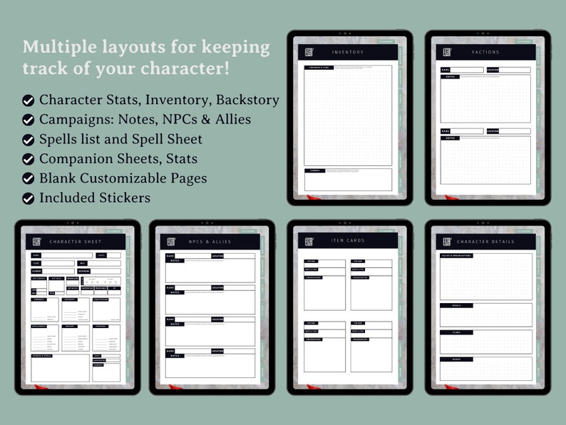 Puede incluir: P&aacute;ginas de planificador digital imprimibles para realizar un seguimiento de la informaci&oacute;n del personaje para juegos de rol. Las p&aacute;ginas incluyen secciones para estad&iacute;sticas de personajes, inventario, historia de fondo, campa&ntilde;as, hechizos, compa&ntilde;eros y m&aacute;s. Las p&aacute;ginas son en blanco y negro con un patr&oacute;n de cuadr&iacute;cula.