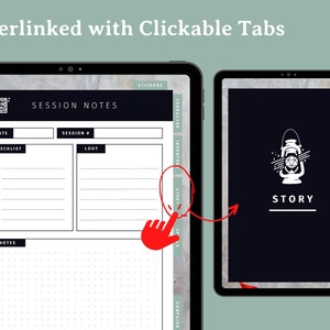 Puede incluir: Un planificador digital con un dise&ntilde;o en blanco y negro. El planificador tiene pesta&ntilde;as para "Historia", "Personaje", "Inventario", "Hechizos" y "Campa&ntilde;a". El planificador tambi&eacute;n tiene una secci&oacute;n para "Notas de sesi&oacute;n" con secciones para "Fecha", "Lista de verificaci&oacute;n", "Sesi&oacute;n #", "Bot&iacute;n" y "Notas".