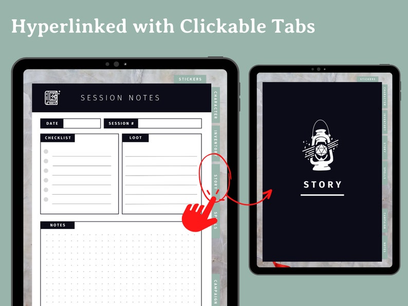 Puede incluir: Un planificador digital con un dise&ntilde;o en blanco y negro. El planificador tiene pesta&ntilde;as para "Historia", "Personaje", "Inventario", "Hechizos" y "Campa&ntilde;a". El planificador tambi&eacute;n tiene una secci&oacute;n para "Notas de sesi&oacute;n" con secciones para "Fecha", "Lista de verificaci&oacute;n", "Sesi&oacute;n #", "Bot&iacute;n" y "Notas".