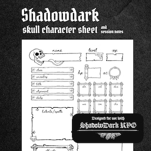 Puede incluir: Hoja de personaje de calavera Shadowdark en blanco y negro con notas de sesión. La hoja incluye secciones para el nombre, el nivel y la XP, así como la clase, el linaje, el título, la alineación y la deidad. También tiene áreas para talentos, hechizos y ataques.