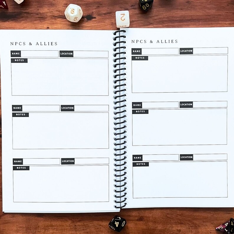 May include: An open notebook with a black spiral binding. The pages are divided into sections labeled "Name", "Notes", and "Location". The notebook is titled "NPCs & Allies".