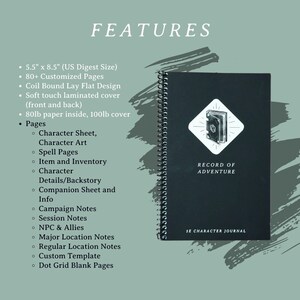 May include: A black spiral bound journal with a soft touch laminated cover. The front cover features a white diamond with a black and white illustration of a closed book with a dice symbol on the cover. The text "RECORD OF ADVENTURE" is printed in white on the front cover. The text "SE CHARACTER JOURNAL" is printed in white on the bottom right corner of the front cover. The journal is 5.5 inches by 8.5 inches.