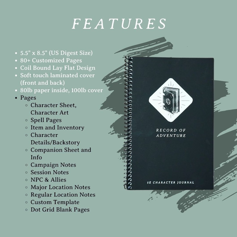May include: A black spiral bound journal with a soft touch laminated cover. The front cover features a white diamond with a black and white illustration of a closed book with a dice symbol on the cover. The text "RECORD OF ADVENTURE" is printed in white on the front cover. The text "SE CHARACTER JOURNAL" is printed in white on the bottom right corner of the front cover. The journal is 5.5 inches by 8.5 inches.