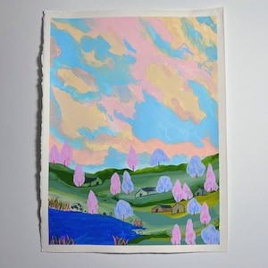 Cozy cottage no. 3 - original landscape painting in acrylic and coloured pencils, mixed media illustration