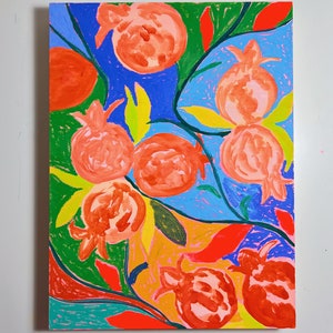 May include: A colorful painting of pomegranates on a branch with green leaves. The pomegranates are pink and red, and the leaves are green and yellow. The background is blue and yellow.