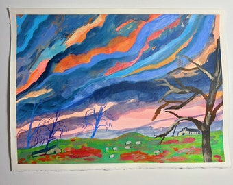 Gemütliches Landhaus Gemälde – Original Mixed Media Kunst, Landschaft mit Schaf