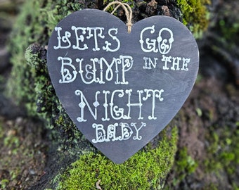 Let's go bump in the night baby wood burned heart sign, pyrography, Halloween decor, fall decor, autumn decor, goth decor, witch decor