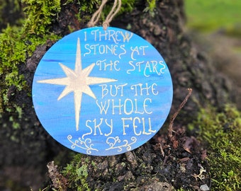 I threw stones at the stars but the whole sky fell wood burned sign, pyrography, lyric decor, music decor, indie, star decor, blue and gold