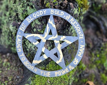 Be bloody and bold laugh to scorn man's power wood burned pentacle, pyrography, witch decor, pagan decor, goth decor, dark decor, spooky