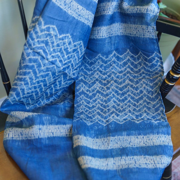Handmade Shibori Tussar Silk Scarf,  Natural Indigo, Lightweight Unique Gift for Grandmother's Birthday,Mother's Day Gift, Stepmom, New Mom