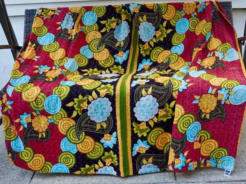 Handmade Boho Kantha Blanket, Queen Cotton Quilt, Soft Bedspread, Fall