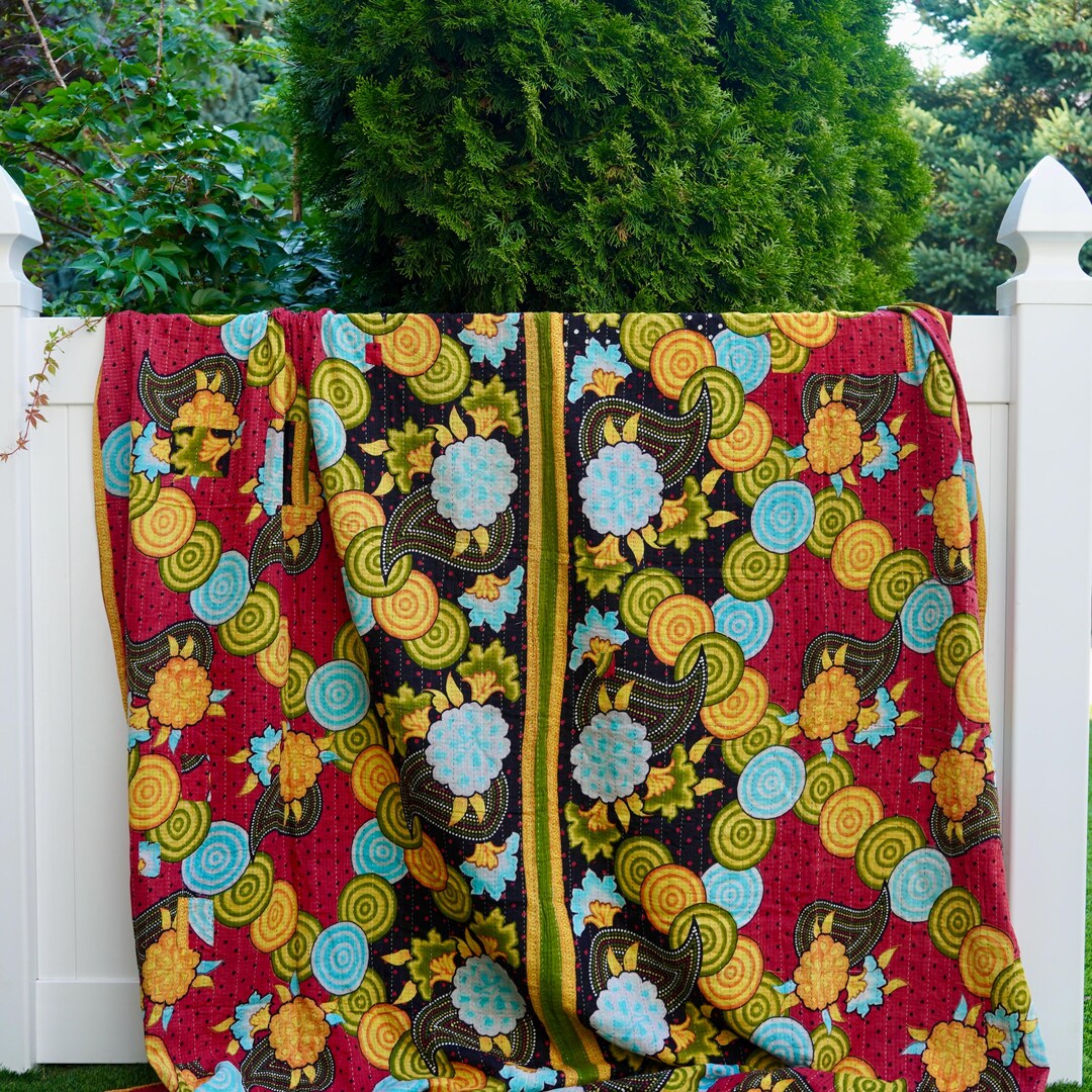 Handmade Boho Kantha Blanket, Queen Cotton Quilt, Soft Bedspread, Fall