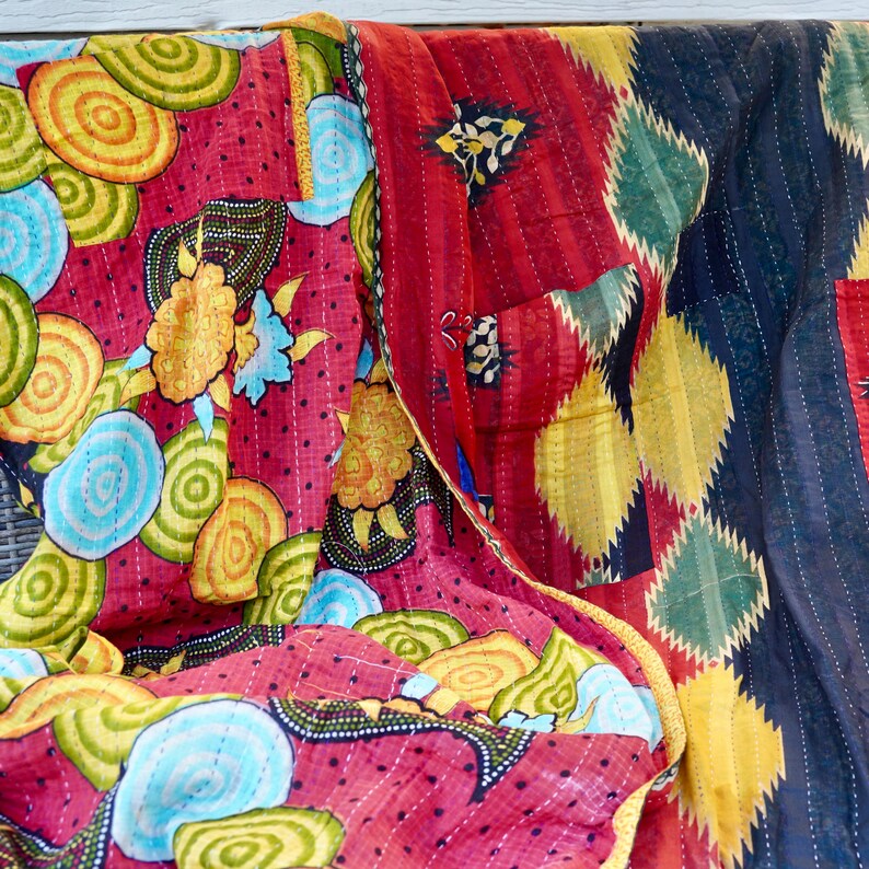 Handmade Boho Kantha Blanket, Queen Cotton Quilt, Soft Bedspread, Fall