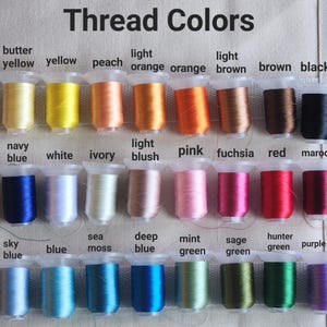 May include: A color chart of thread spools, labeled with various colors. The text "Thread Colors" is at the top. Colors include yellow, peach, orange, brown, black, blue, white, ivory, pink, red, and purple.