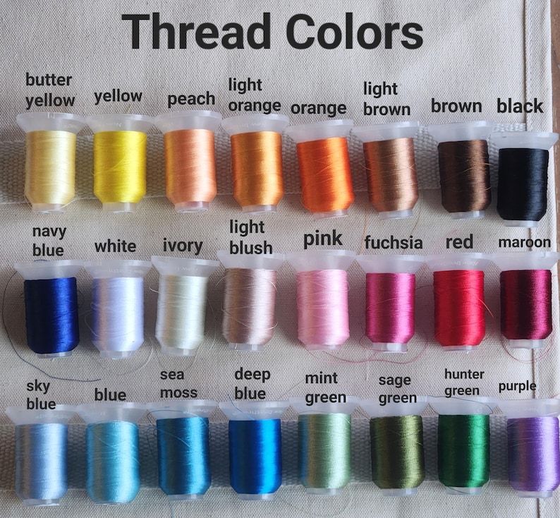 May include: A color chart of thread spools, labeled with various colors. The text "Thread Colors" is at the top. Colors include yellow, peach, orange, brown, black, blue, white, ivory, pink, red, and purple.