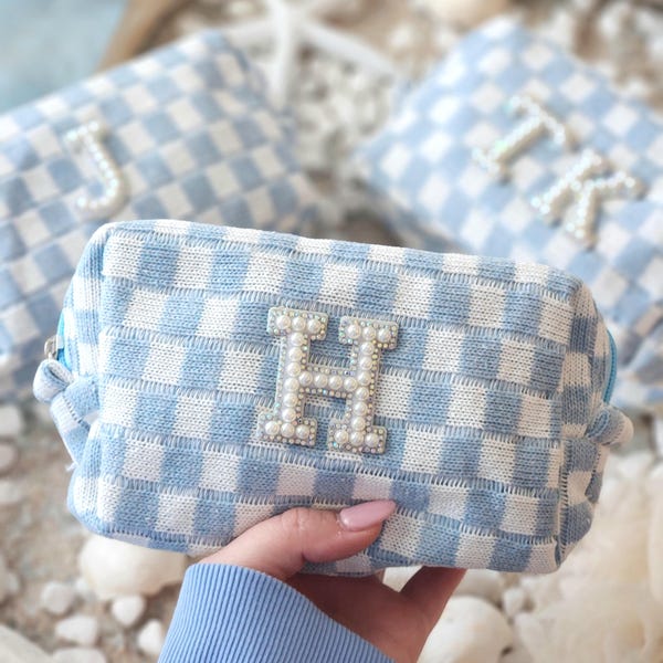 Blue Checkered Cosmetic Bag | Last Toast On The Coast Bridesmaid Favors | Coastal Cowgirl | Custom Initials | Bachelorette Beach Party