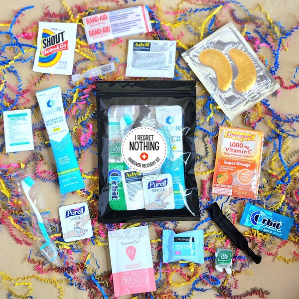 Hangover Kit | I Regret Nothing Recovery Kit | Bachelorette Survival Kit and Bag | Hen Do Favor and Gift | Bridal Party Favors