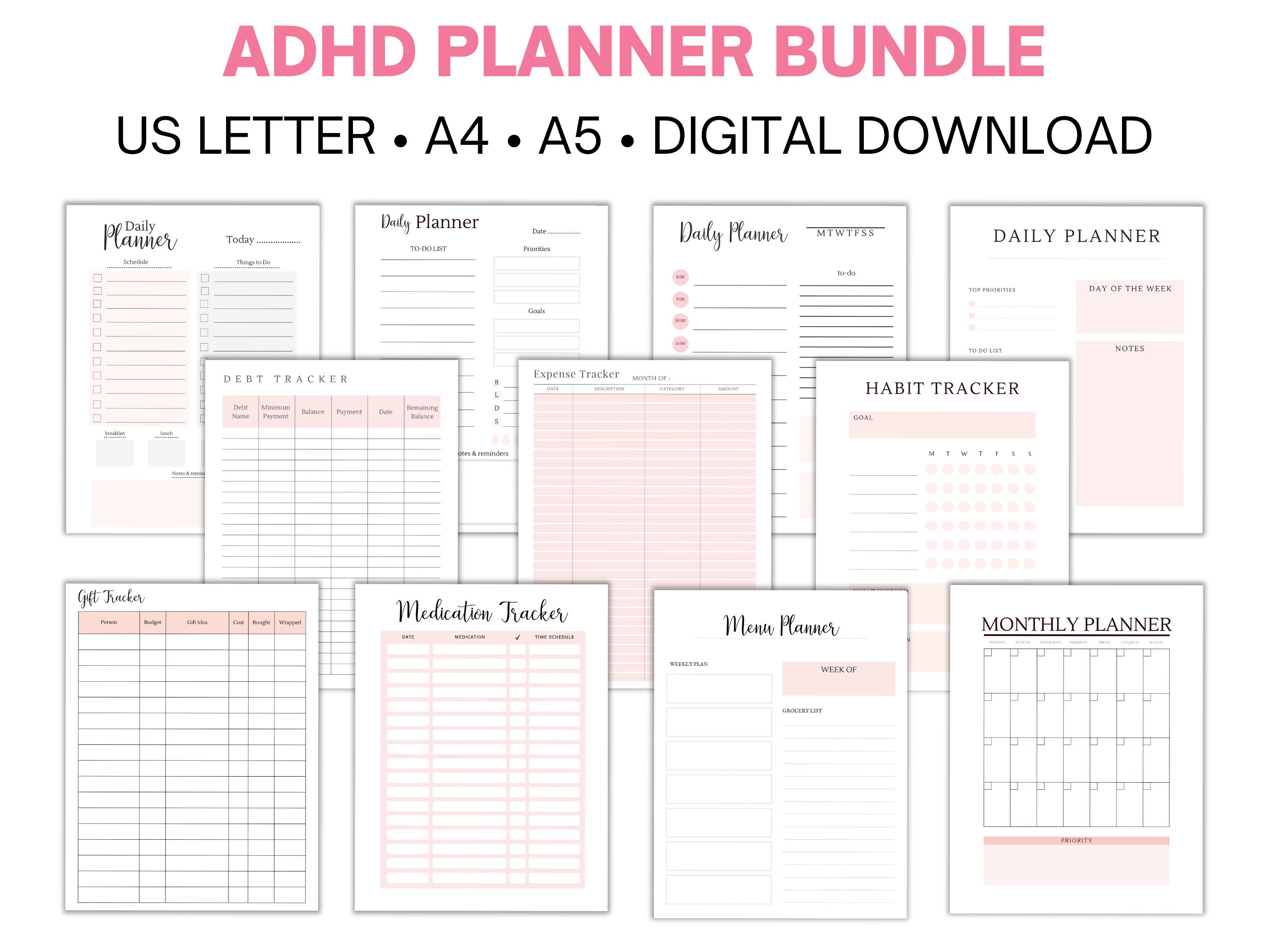 Adult ADHD Planner Bundle, Instant Download, PDF Print, Planner ...