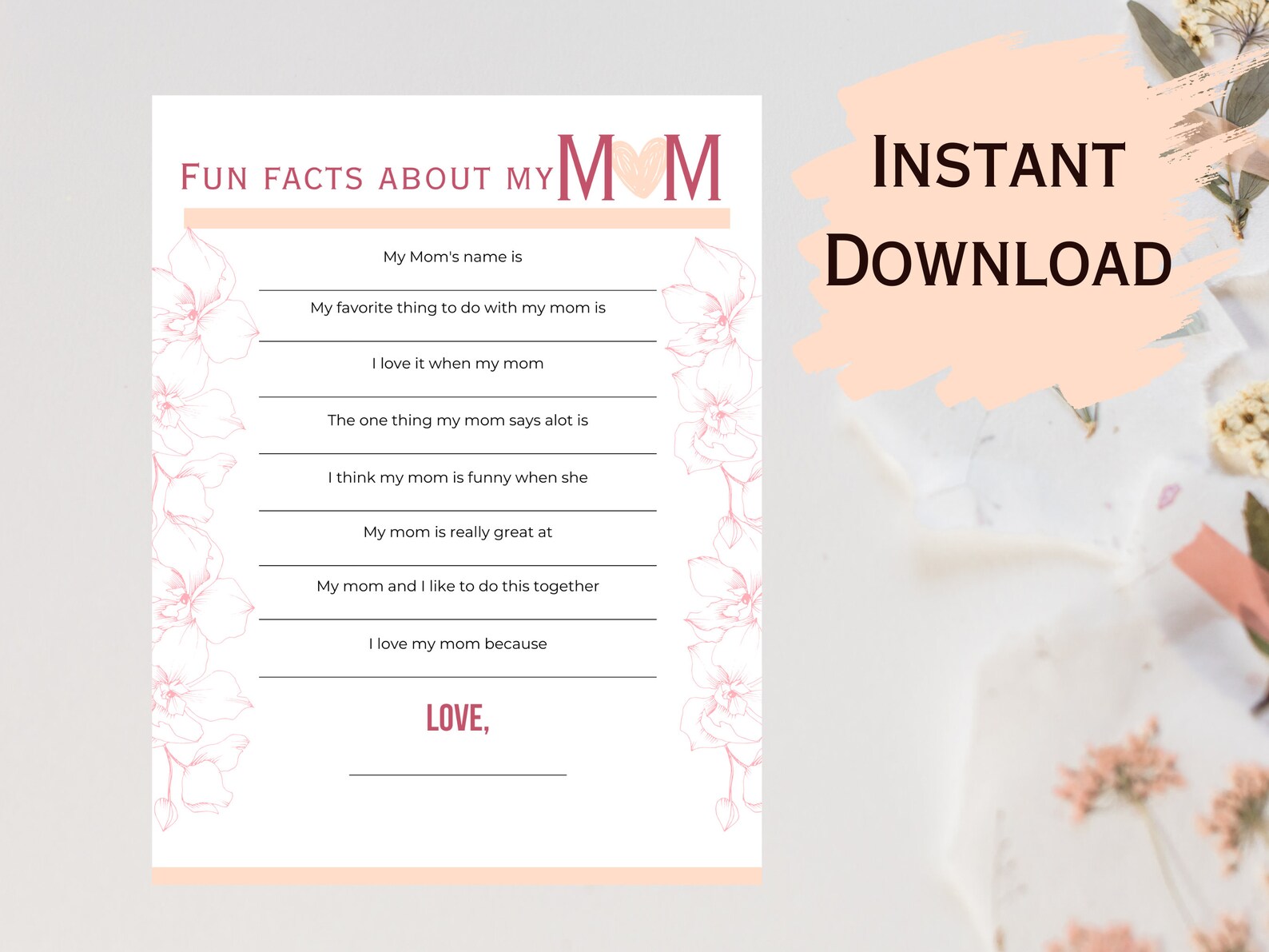 Fun Facts About My Mom, All About My Mom, Mother's Day Gift, Printable ...