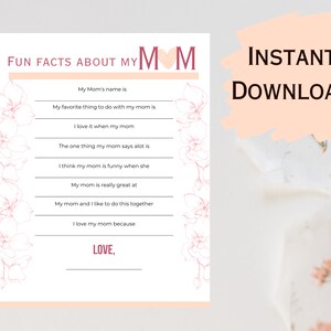 Fun Facts About My Mom, All About My Mom, Mother&#39;s Day Gift, Printable Gift for Mom, Mother&#39;s Day Questionnaire