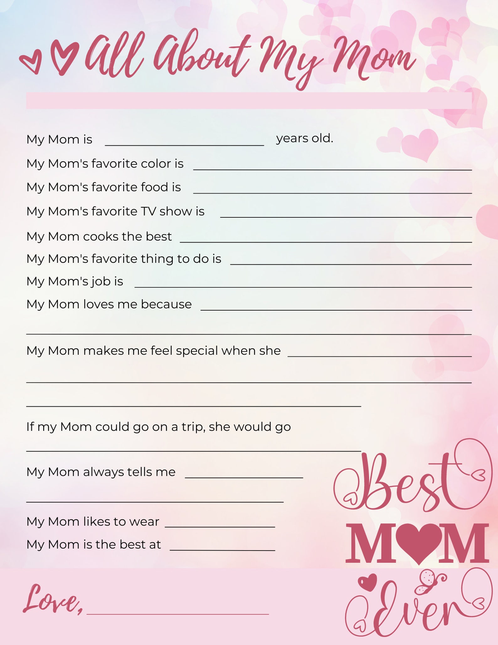 All About My Mom, Mother's Day Gift, Printable Gift for Mom, Mother's Day Questionnaire - Etsy