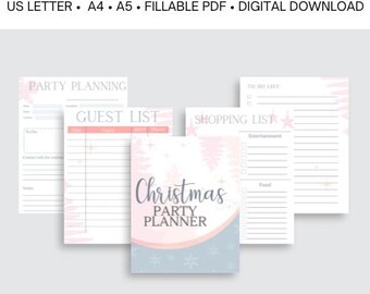 May include: A digital Christmas Party Planner with a cover that says "Christmas Party Planner". The planner includes pages for party planning, guest lists, shopping lists, and to-do lists. The design features pink and blue accents with snowflake and tree illustrations.