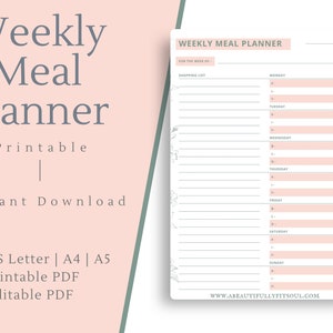 Weekly Meal Planner Printable with Shopping List, Weekly Menu Planner, Meal Planner Printable, Weekly Meal Plan, Editable PDF