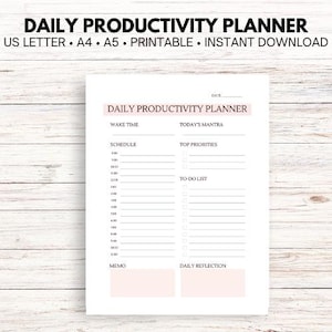 Daily Productivity Planner Printable, Hourly Planner, Time Blocking Template, A5 Plannner Inserts, Editable PDF
