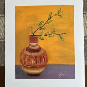 May include: A painting of a brown and orange vase with a green leafy branch inside. The vase is sitting on a purple surface in front of a yellow background.
