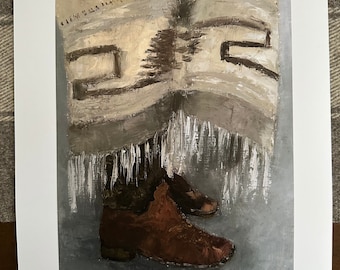 May include: A painting of a pair of brown leather cowboy boots with a white and brown patterned blanket draped over them.
