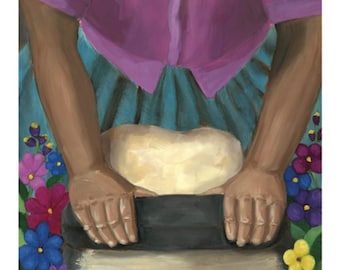 May include: A person is rolling out dough with a rolling pin. The dough is white and the rolling pin is black. The person is wearing a purple shirt and a blue skirt. There are flowers around the dough.