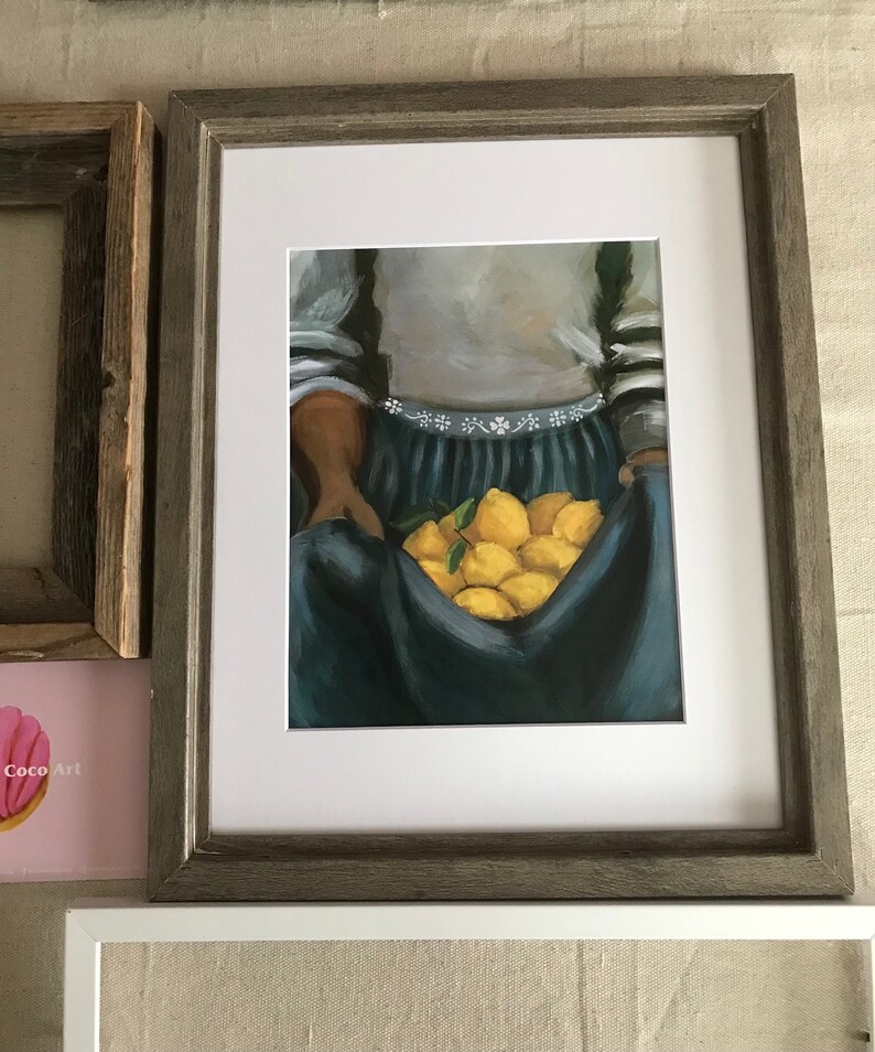 May include: A painting of a person holding a basket of lemons. The person is wearing a blue skirt and a white shirt with a floral pattern. The lemons are yellow and green.