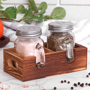 Mason Jar Salt and Pepper Shaker Set with Wood Caddy for Farmhouse Table, Cute S & P Holes, Rustic Kitchen Decor, Housewarming Gift